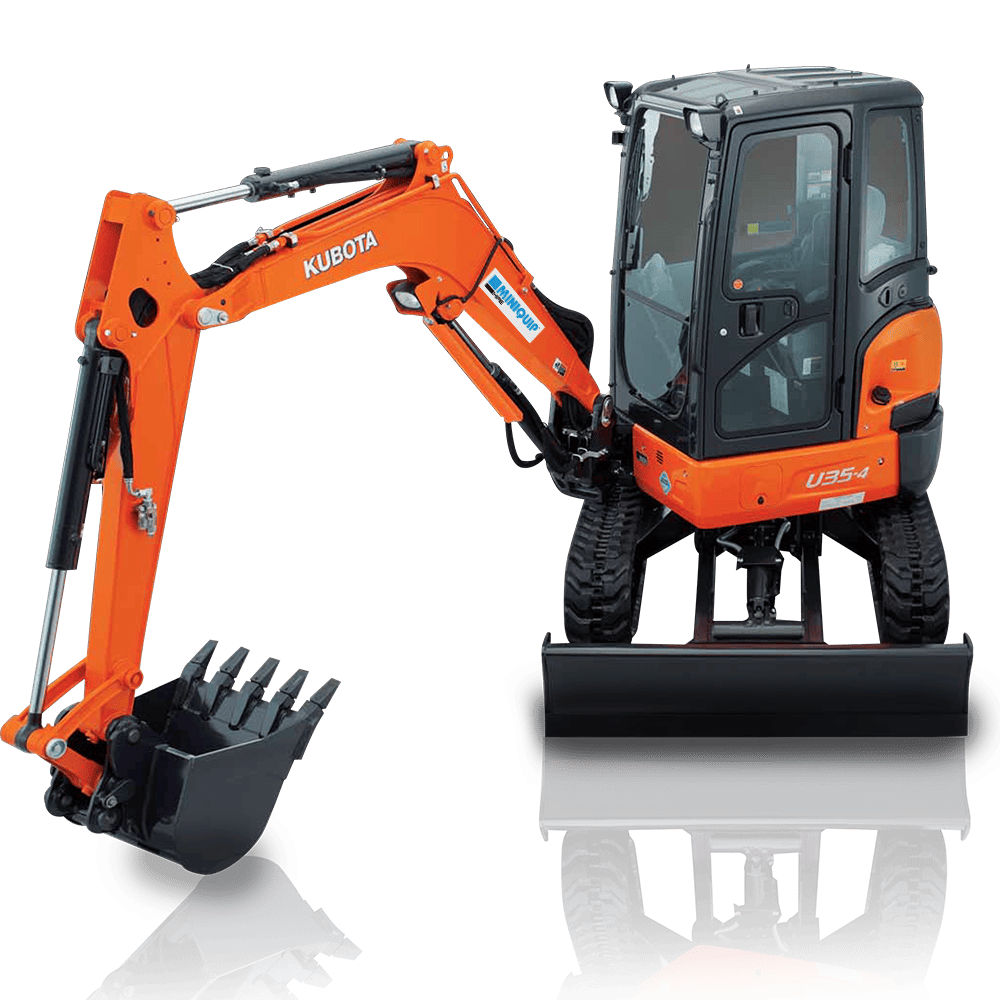 Compact U35-4 excavator on tracks, yellow body, digging arm visible
