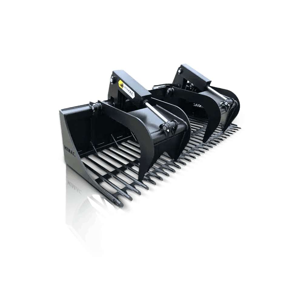 Heavy-duty loader attachment for mini excavators, ideal for landscaping and construction.