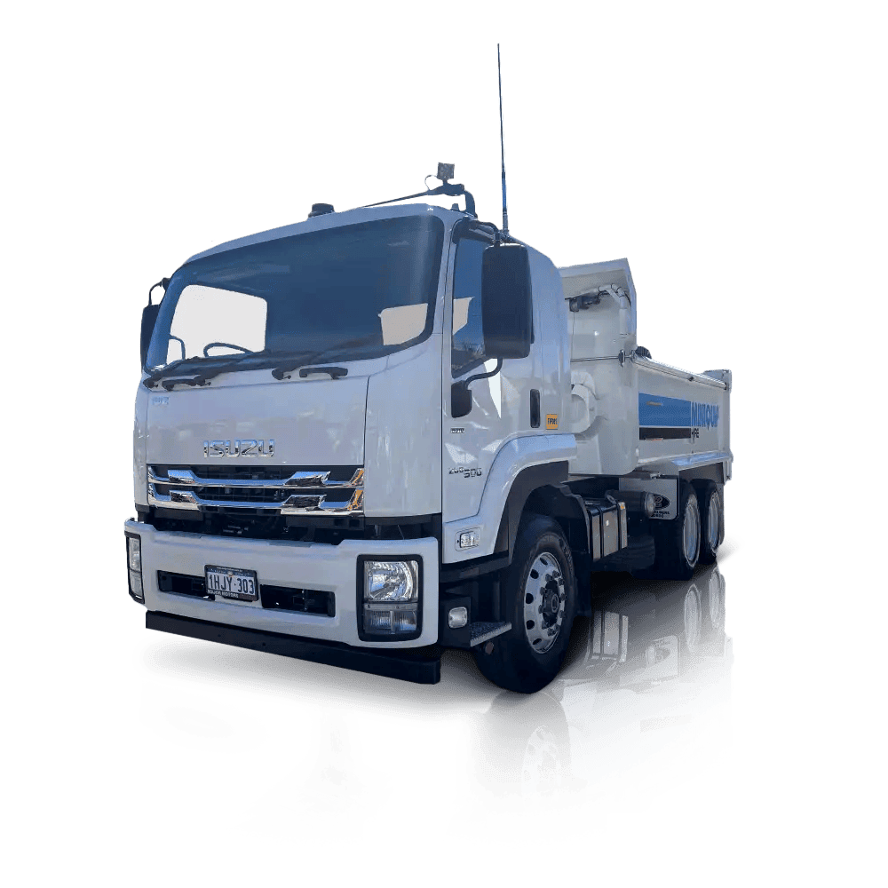 Bright white Isuzu service truck used for mini equipment hire on construction sites.