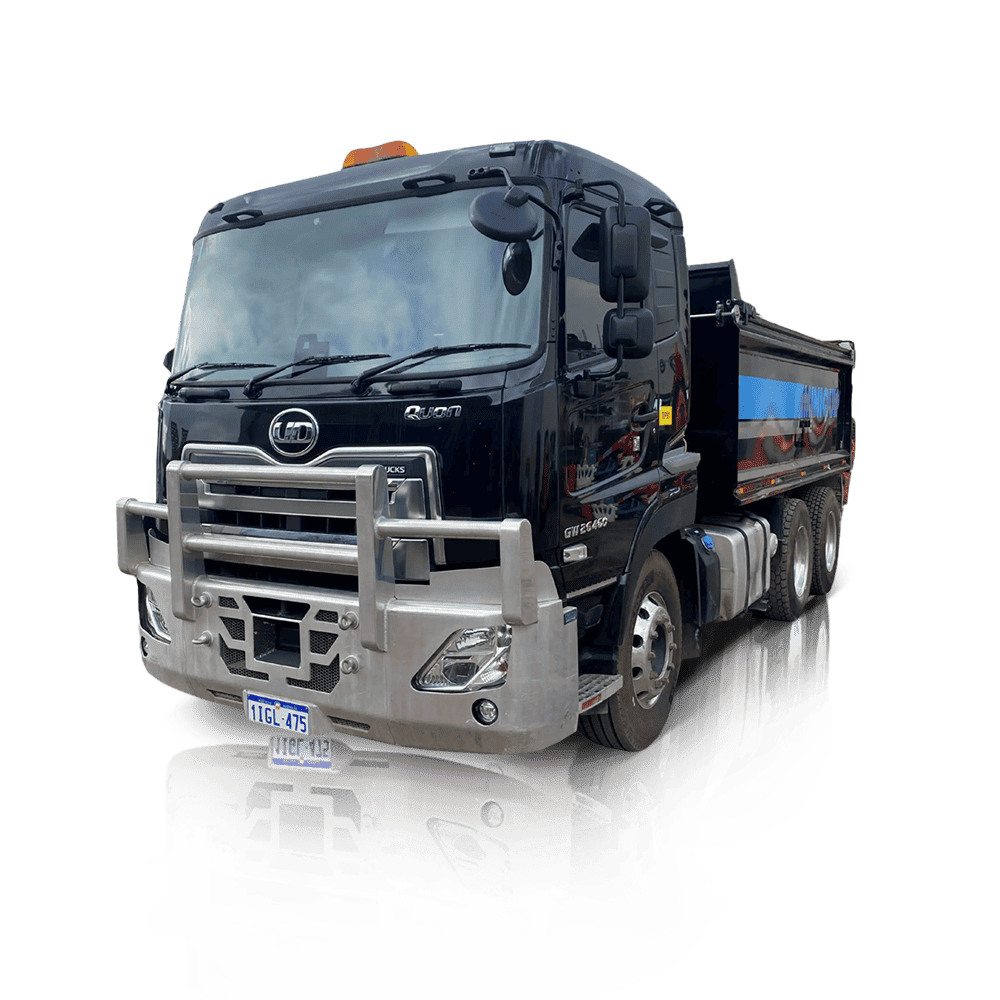 Black heavy-duty truck with mini equipment for hire.