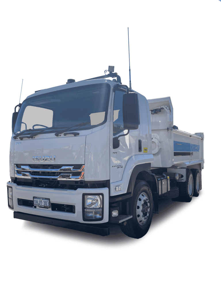 Isuzu miniquip hire truck with construction equipment and tools.