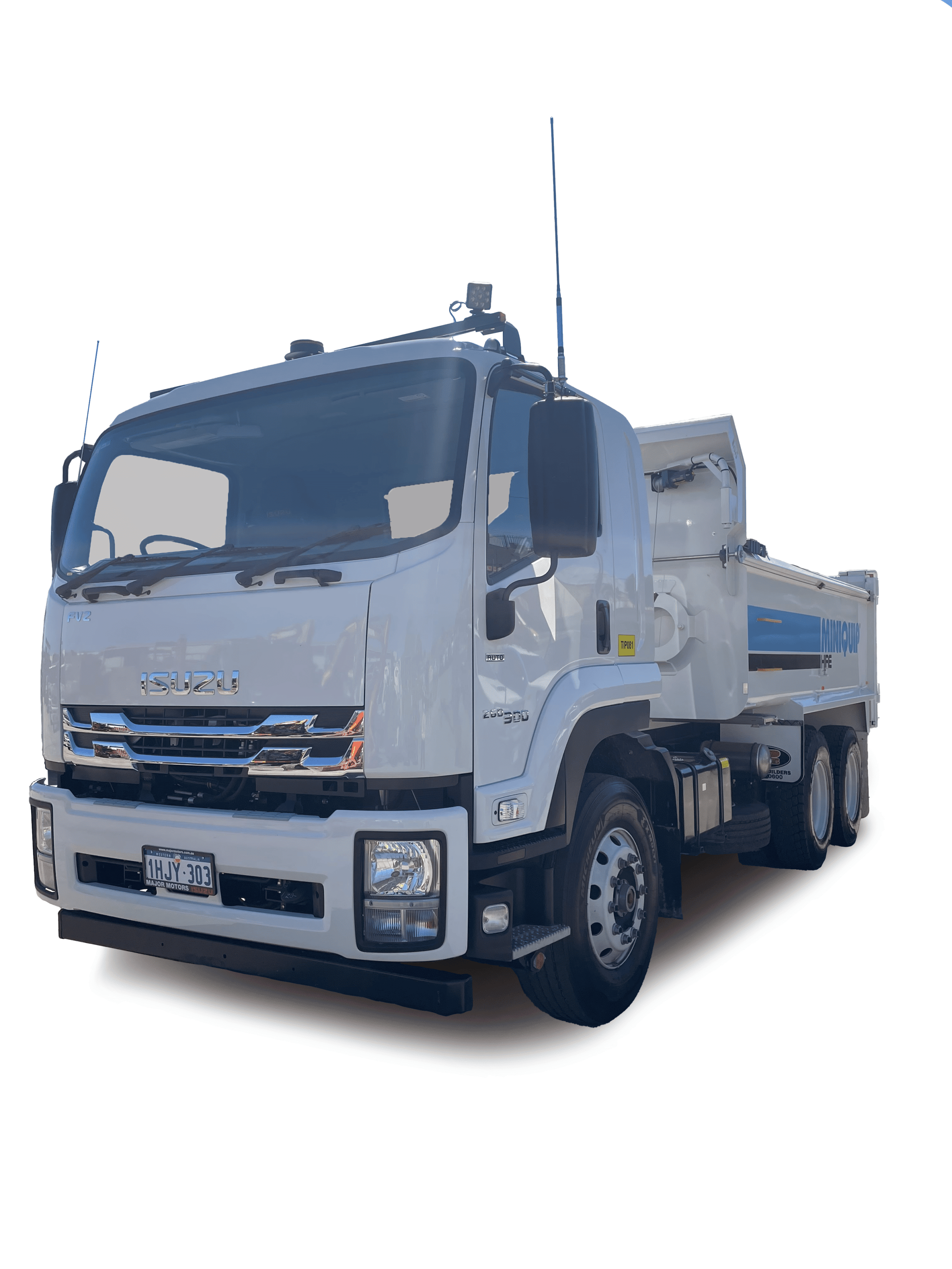 Isuzu miniquip hire truck with construction equipment and tools.