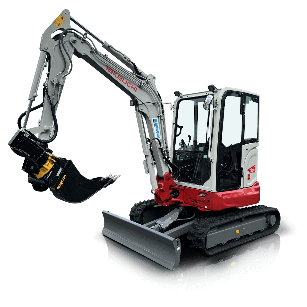 Mini excavator for hire on construction sites, ideal for small-scale projects.